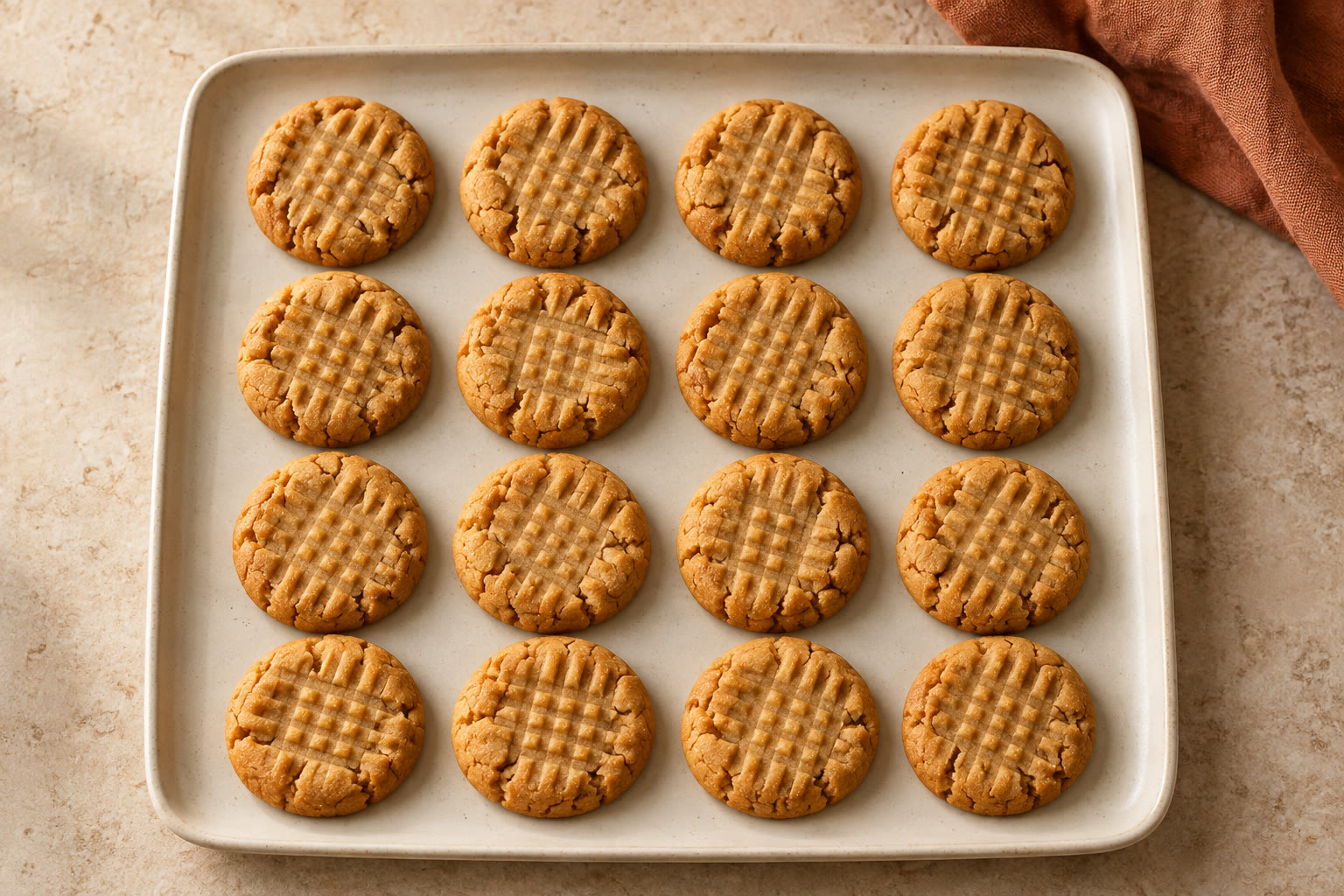 Golden peanut butter cookies with fork marks on a plate.