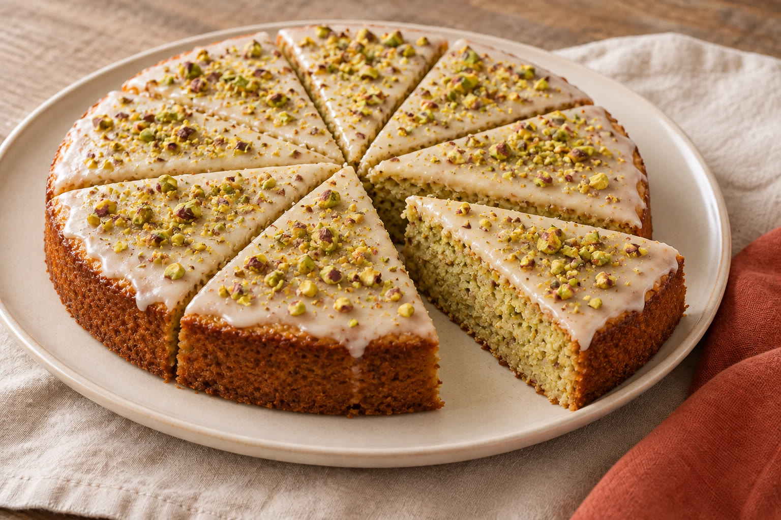 Pistachio cake with lemon icing and chopped pistachios, with one slice cut.