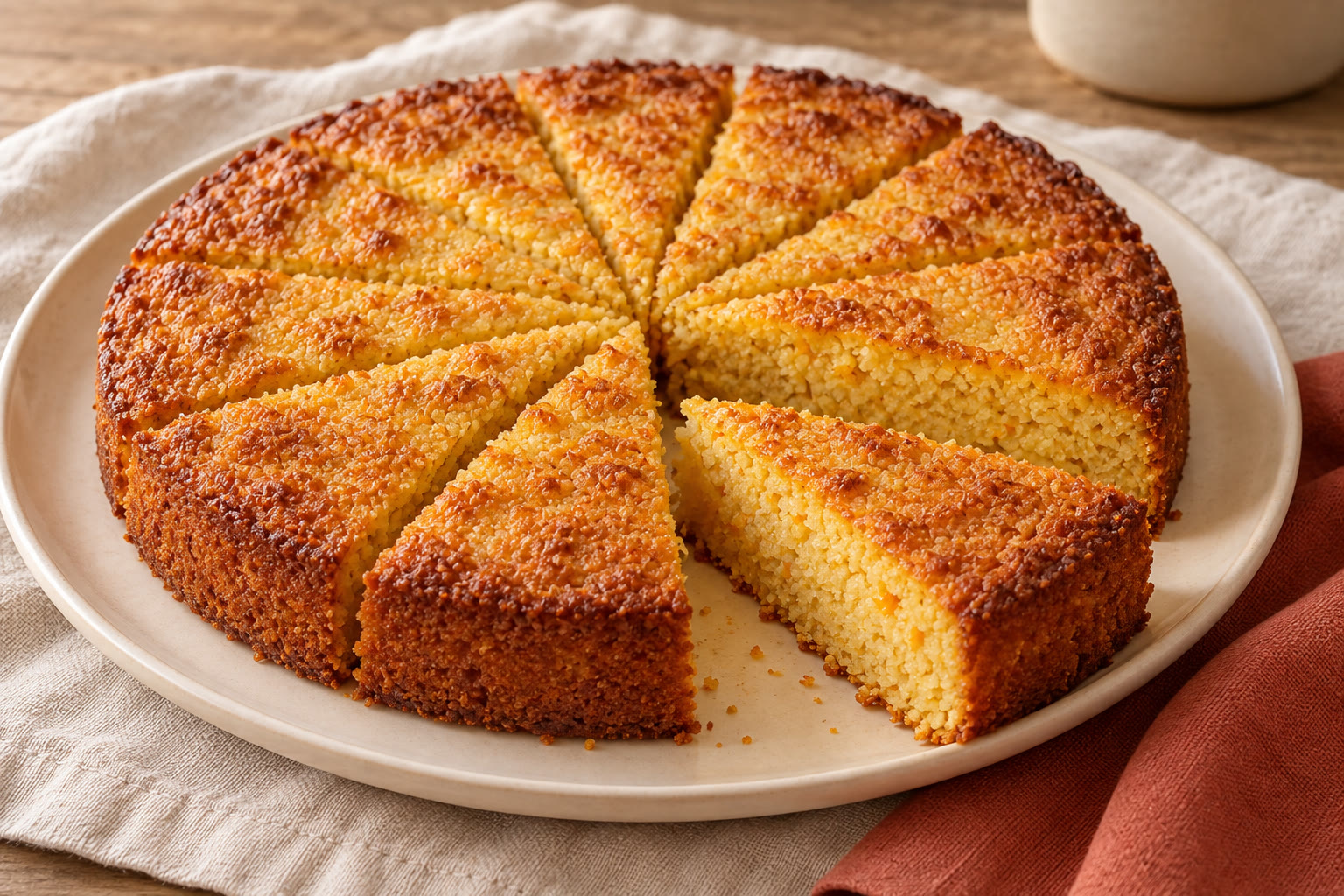 Golden polenta cake with a slice cut to show its crumb.