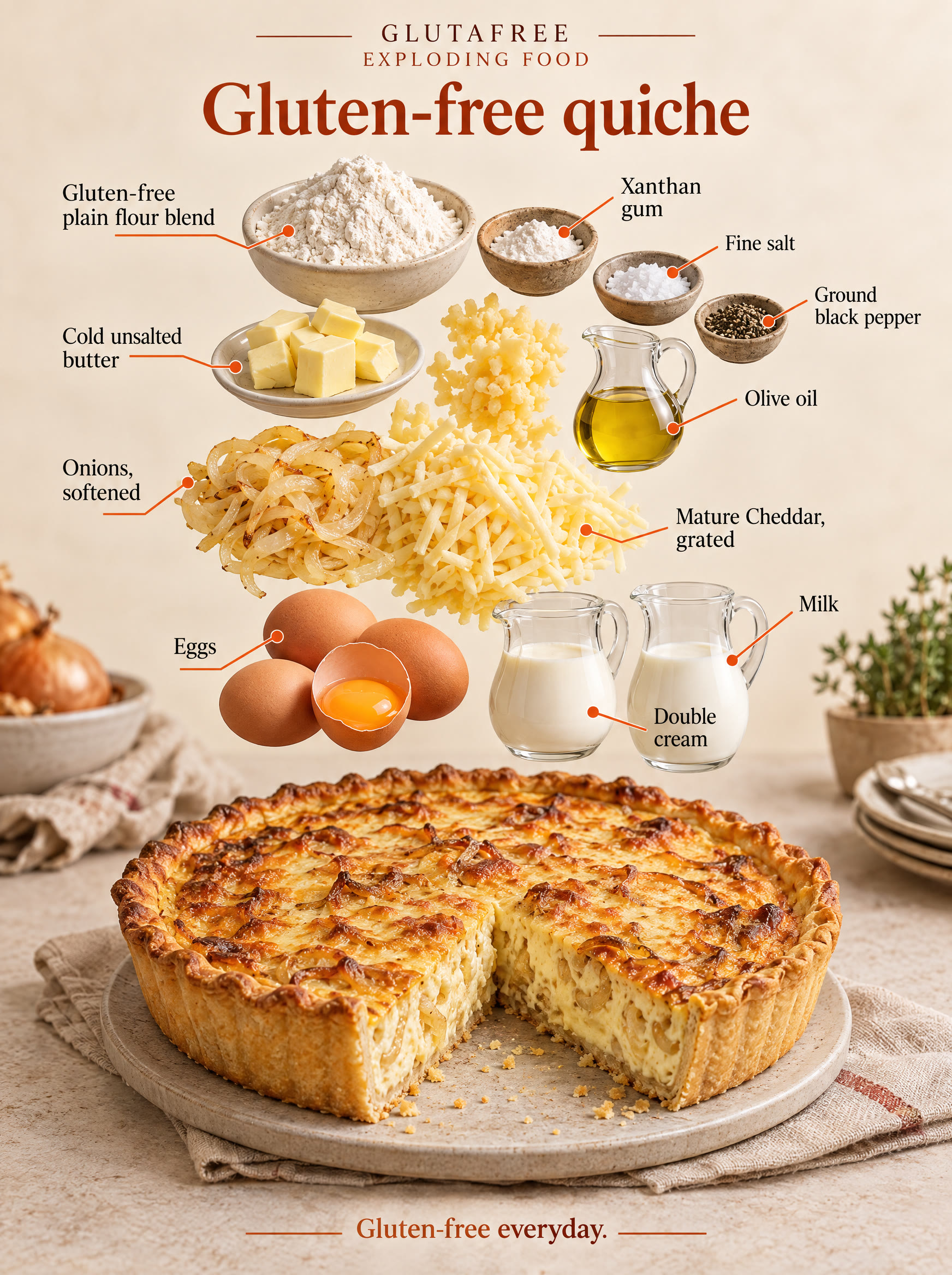 Illustrated ingredients for gluten-free cheese and onion quiche.