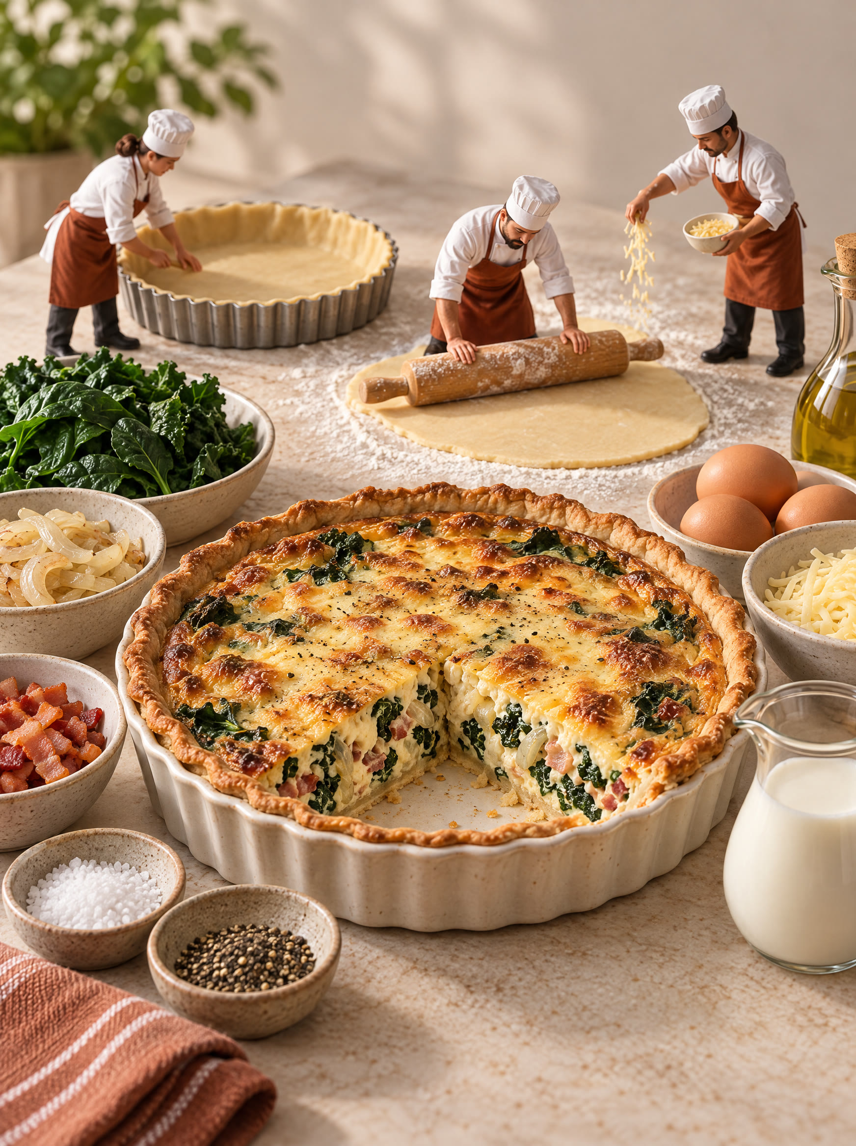 Miniature chefs rolling pastry and filling a quiche.