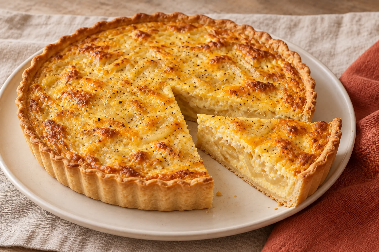 Golden cheese and onion quiche with a slice removed.