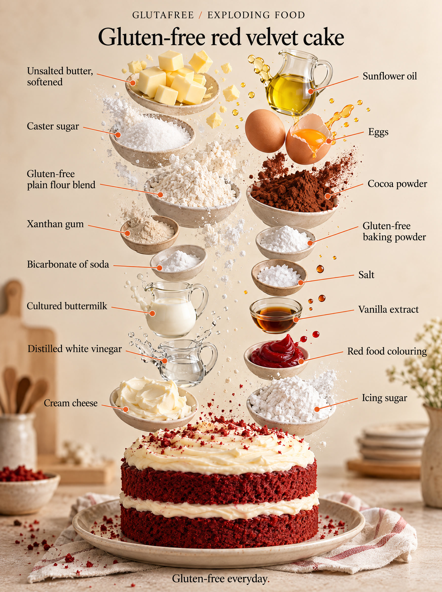 Illustrated ingredients for red velvet cake; see the recipe for quantities.