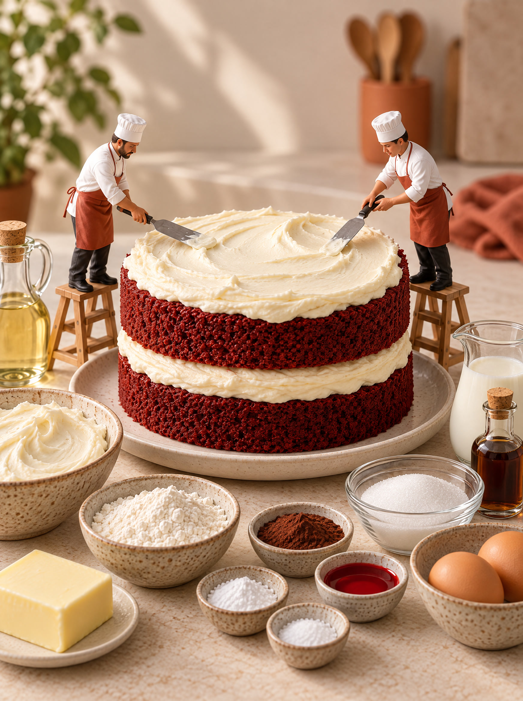 Miniature chefs spreading frosting over a red velvet cake.
