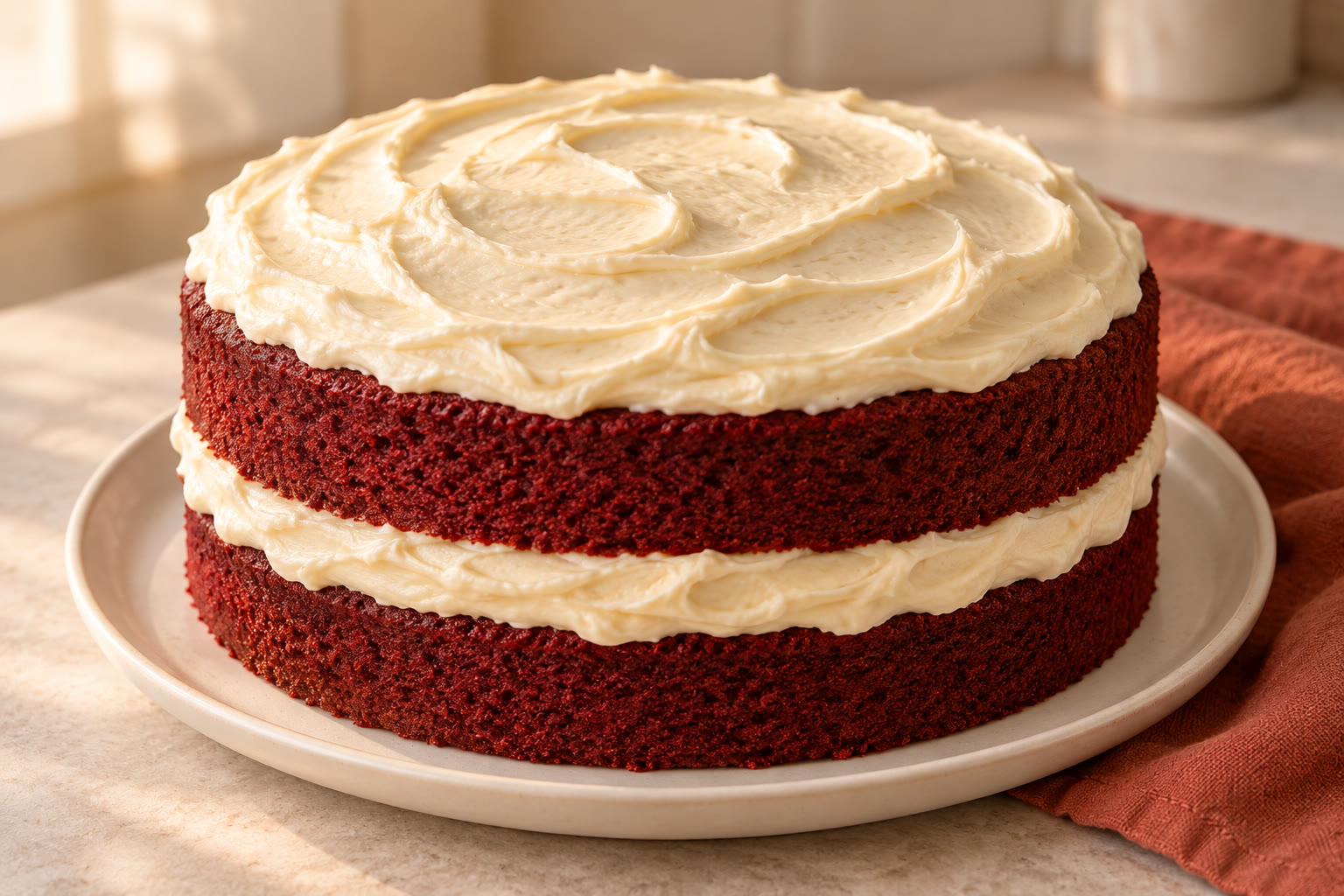 Red velvet layer cake with cream cheese frosting and a slice cut out.