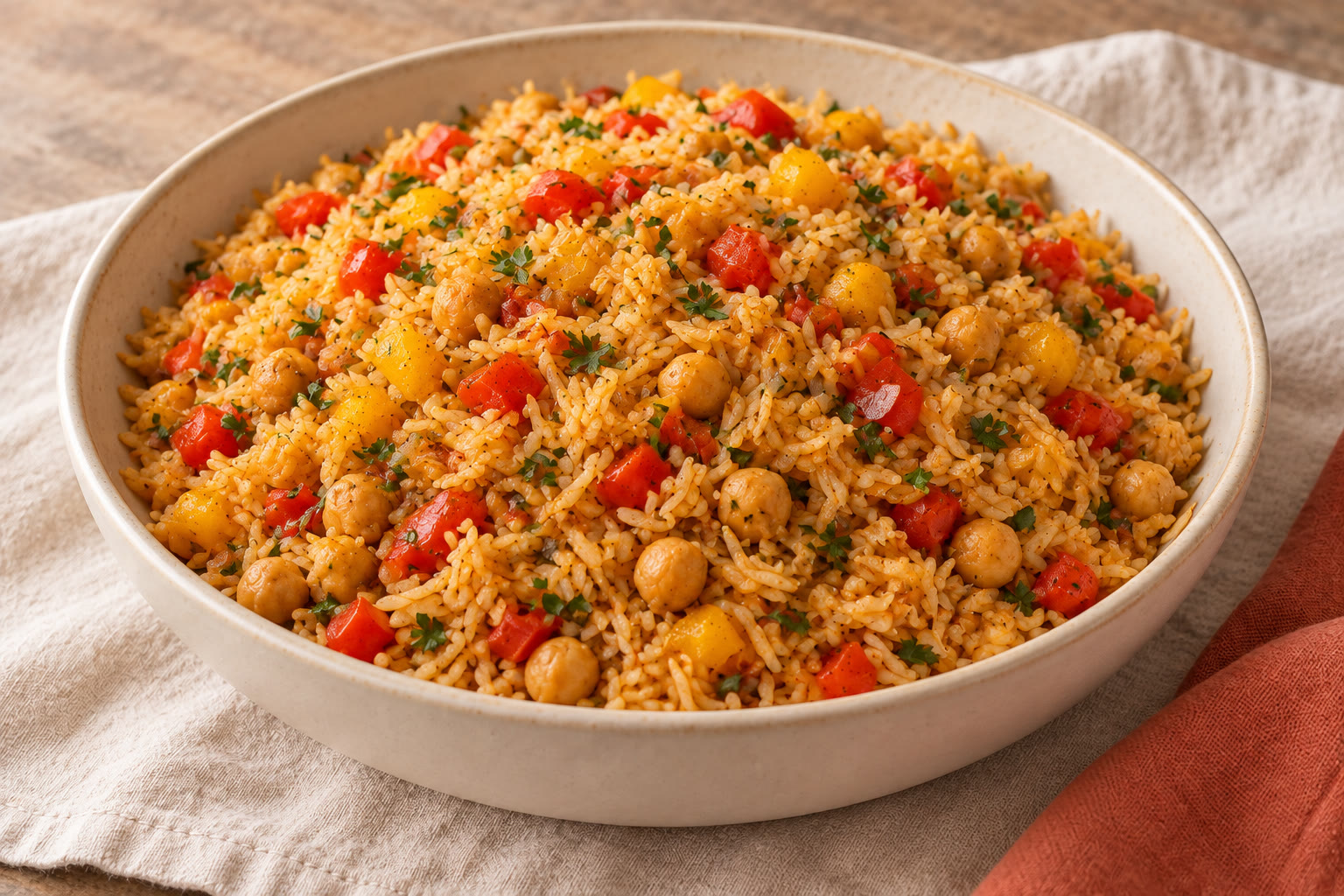 Pepper and chickpea rice with chopped parsley.