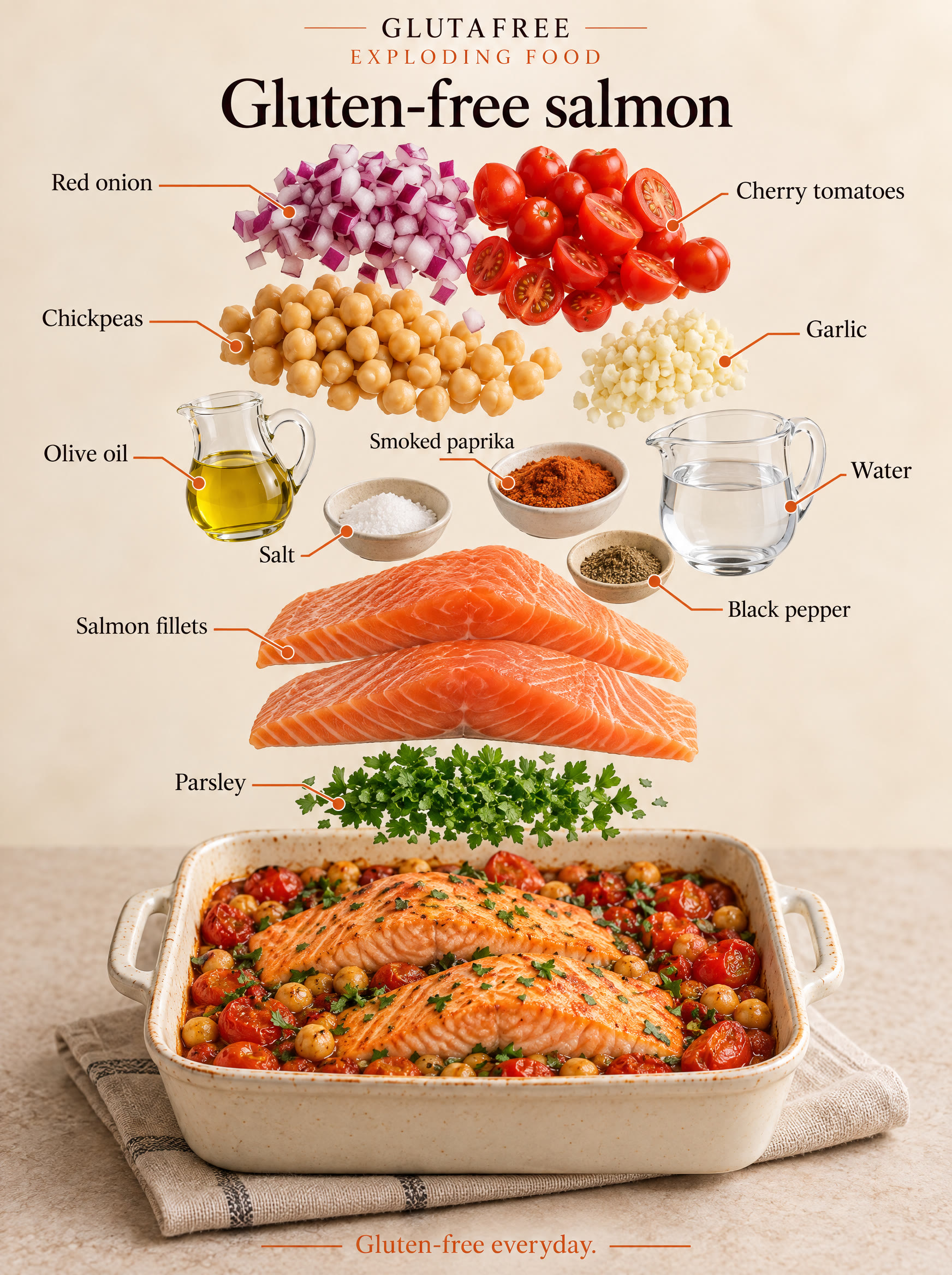 Illustration of salmon, chickpeas, tomatoes, onion, garlic, paprika and parsley.