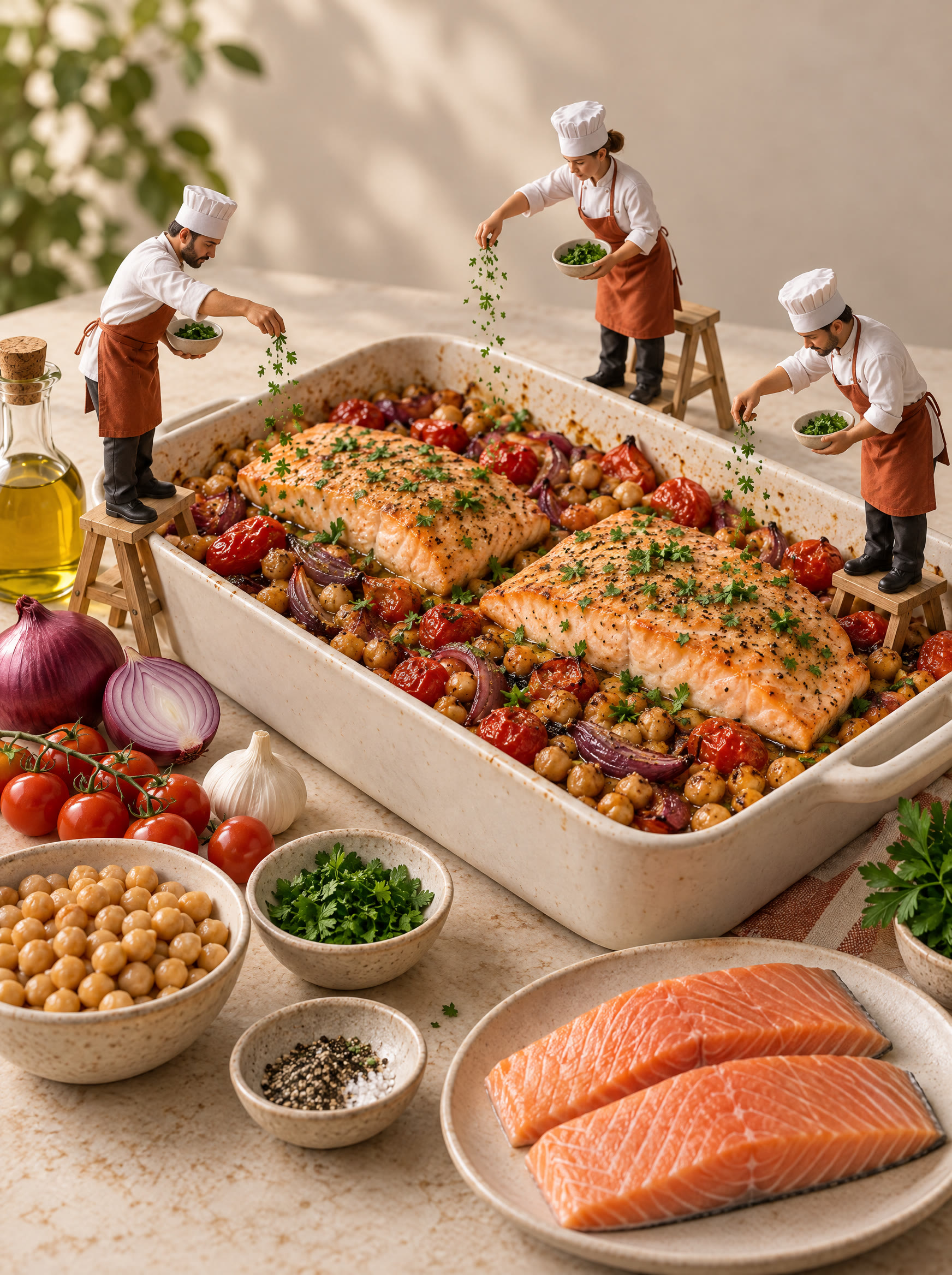 Miniature chefs preparing a salmon and chickpea bake.