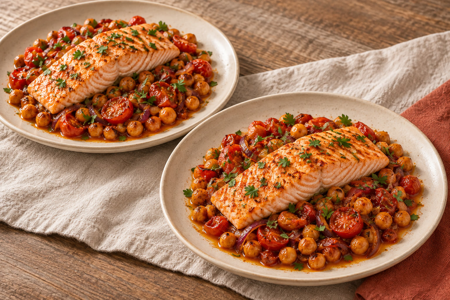 Baked salmon with tomatoes, chickpeas and chopped parsley.