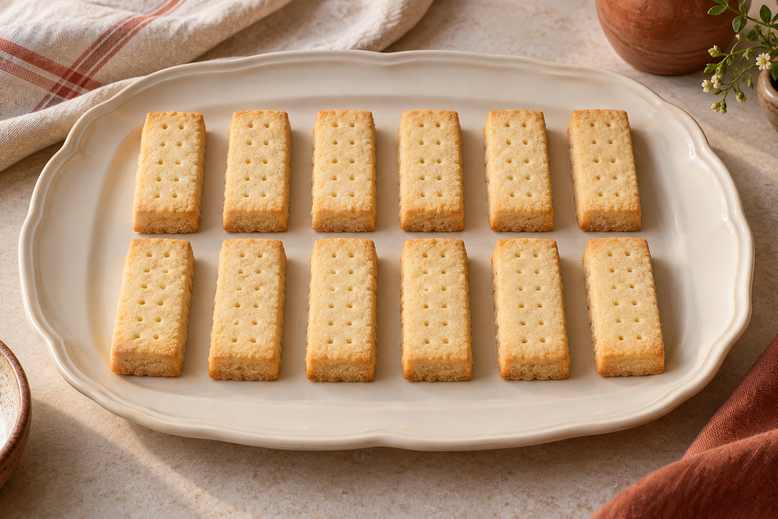 Golden gluten-free shortbread fingers on a plate.