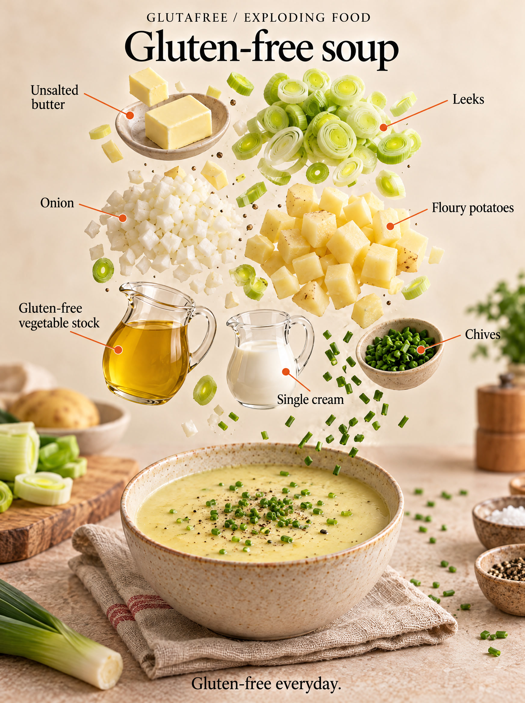 An ingredient illustration showing leeks, potatoes, onion, butter, stock, cream and chives.