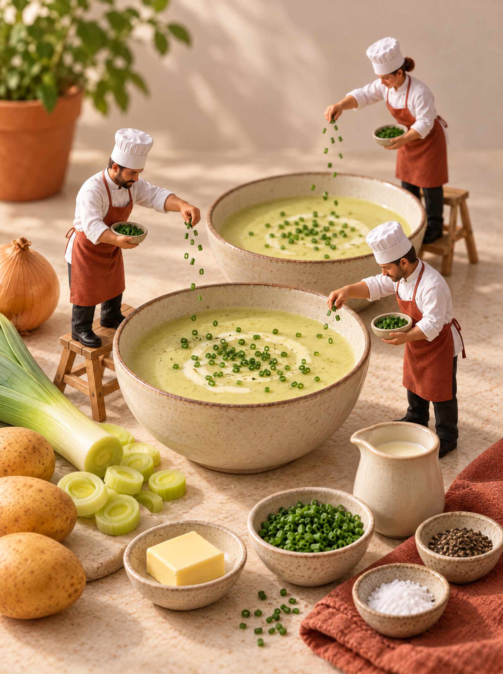 Miniature chefs preparing a pan of leek and potato soup.