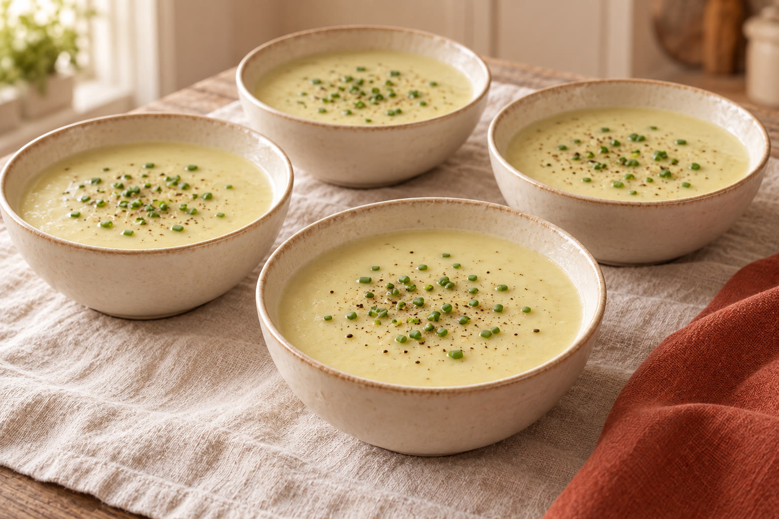 A bowl of creamy leek and potato soup scattered with chives.