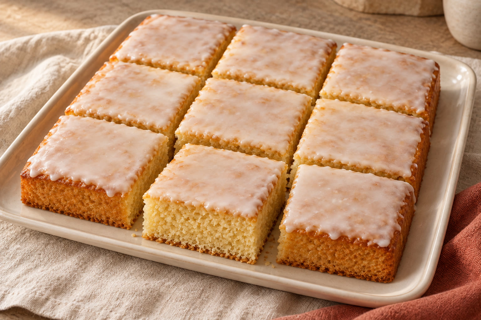 Square vanilla cake with a thin white glaze, cut into portions.