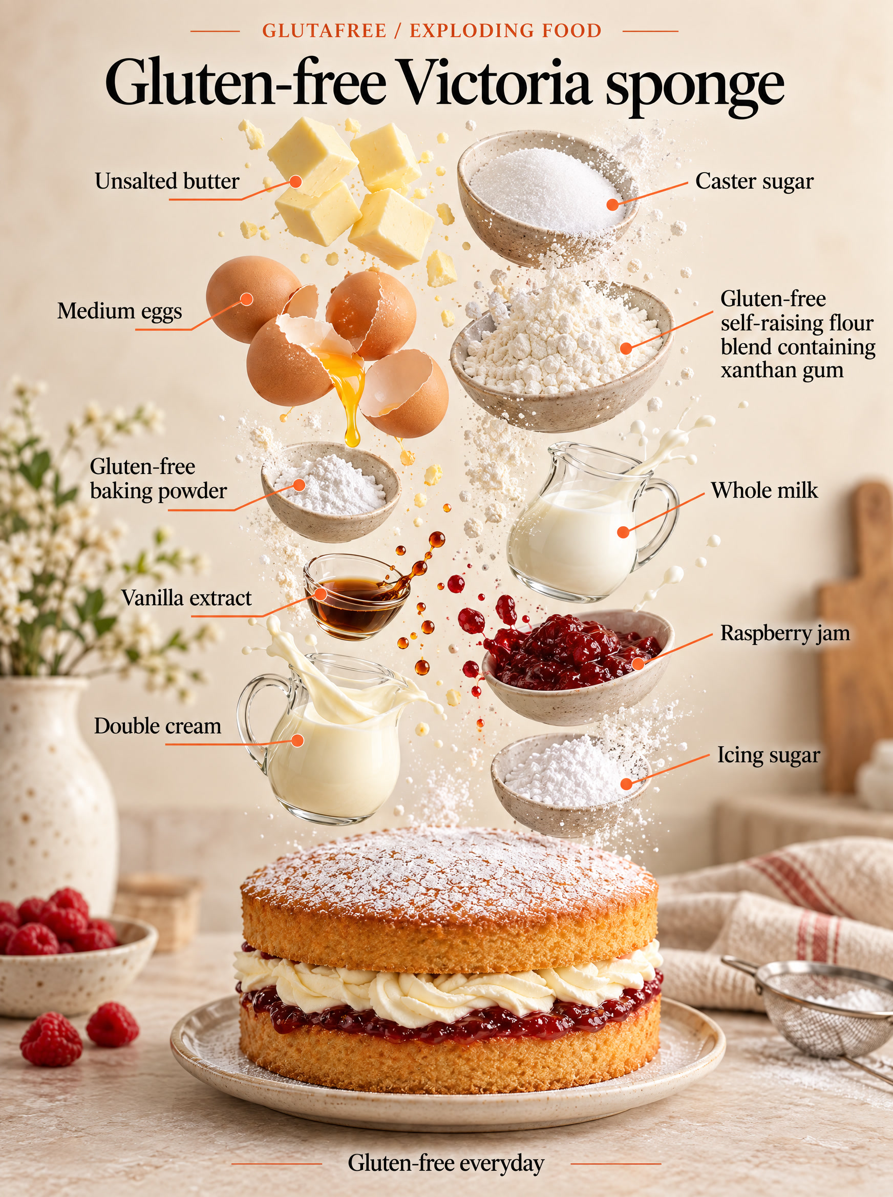 Illustrated ingredients for a gluten-free Victoria sponge; quantities are in the recipe.