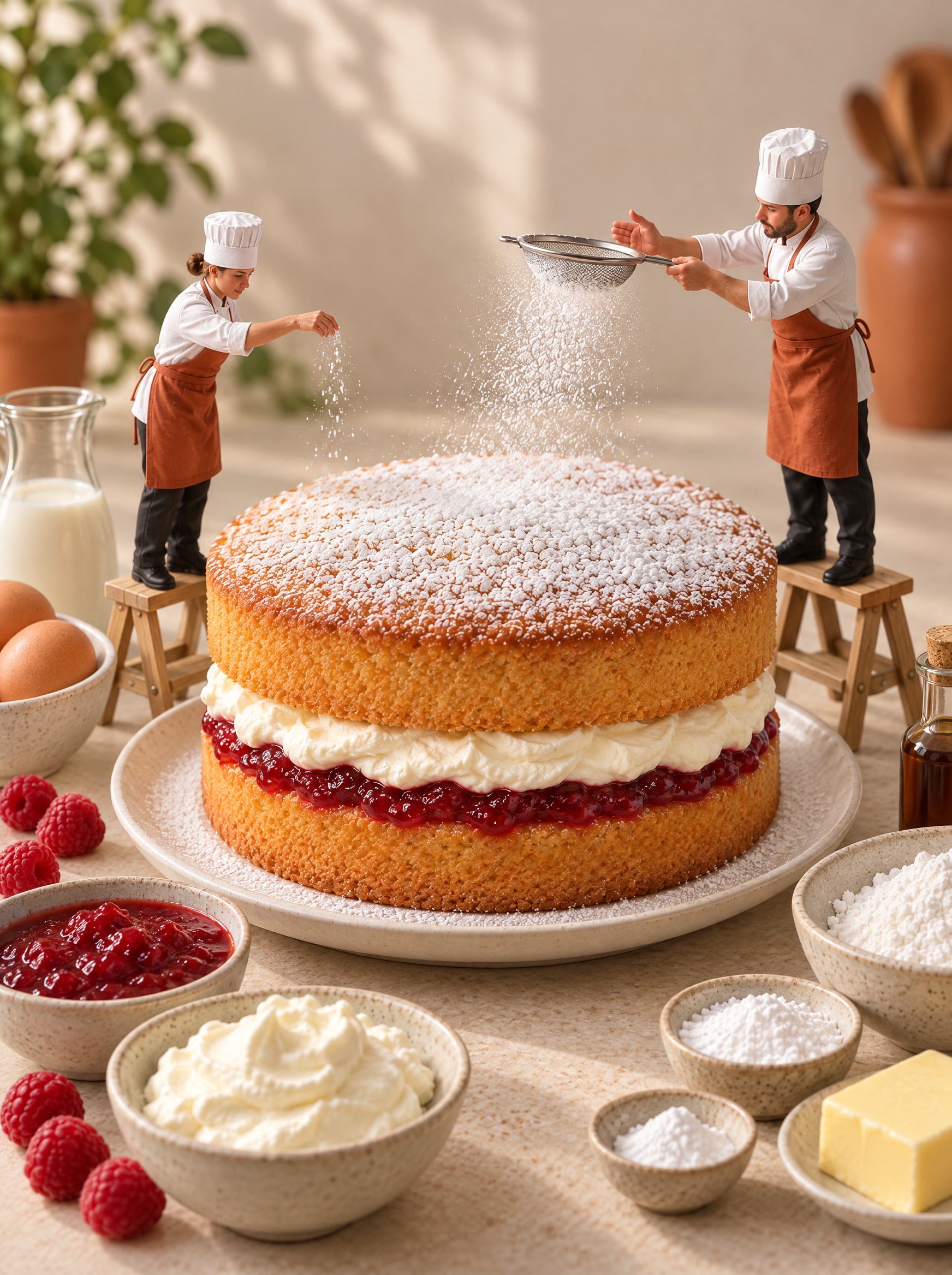 Miniature chefs spreading jam and cream onto a Victoria sponge.