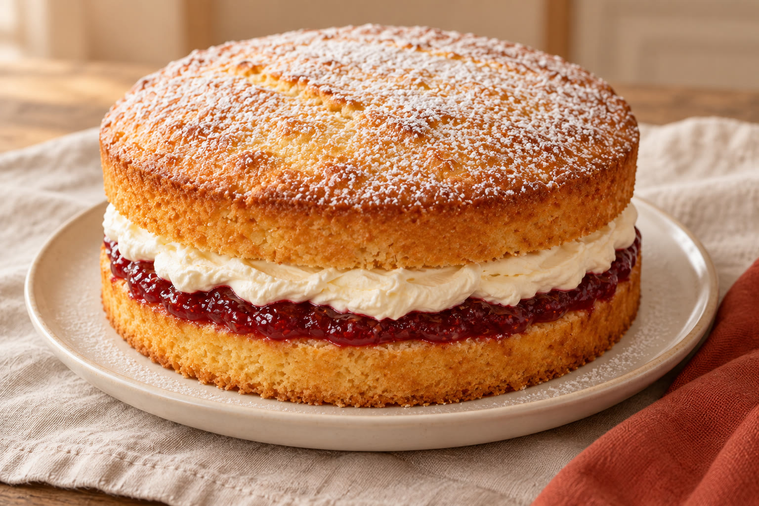 Victoria sponge with raspberry jam and cream between two golden cake layers.