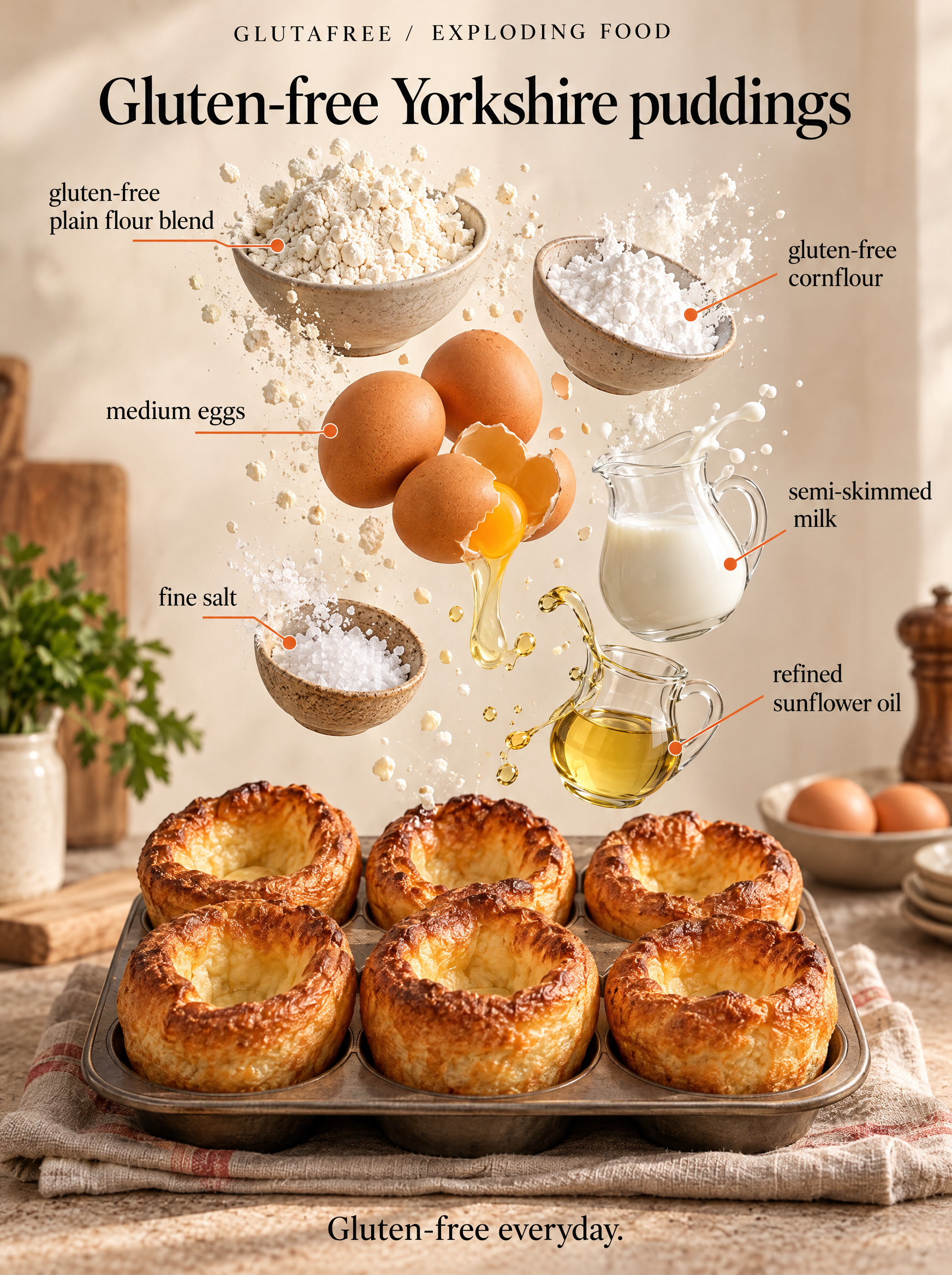 Illustration of gluten-free flour, cornflour, eggs, milk, salt and sunflower oil.