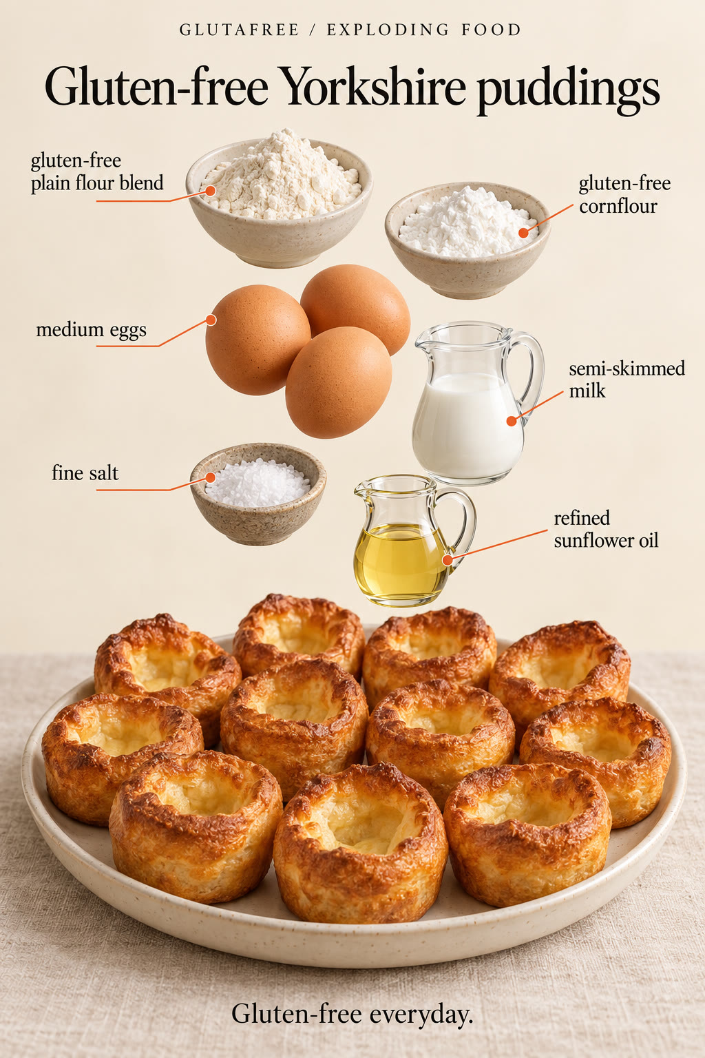 Illustration of gluten-free flour, cornflour, eggs, milk, salt and sunflower oil.