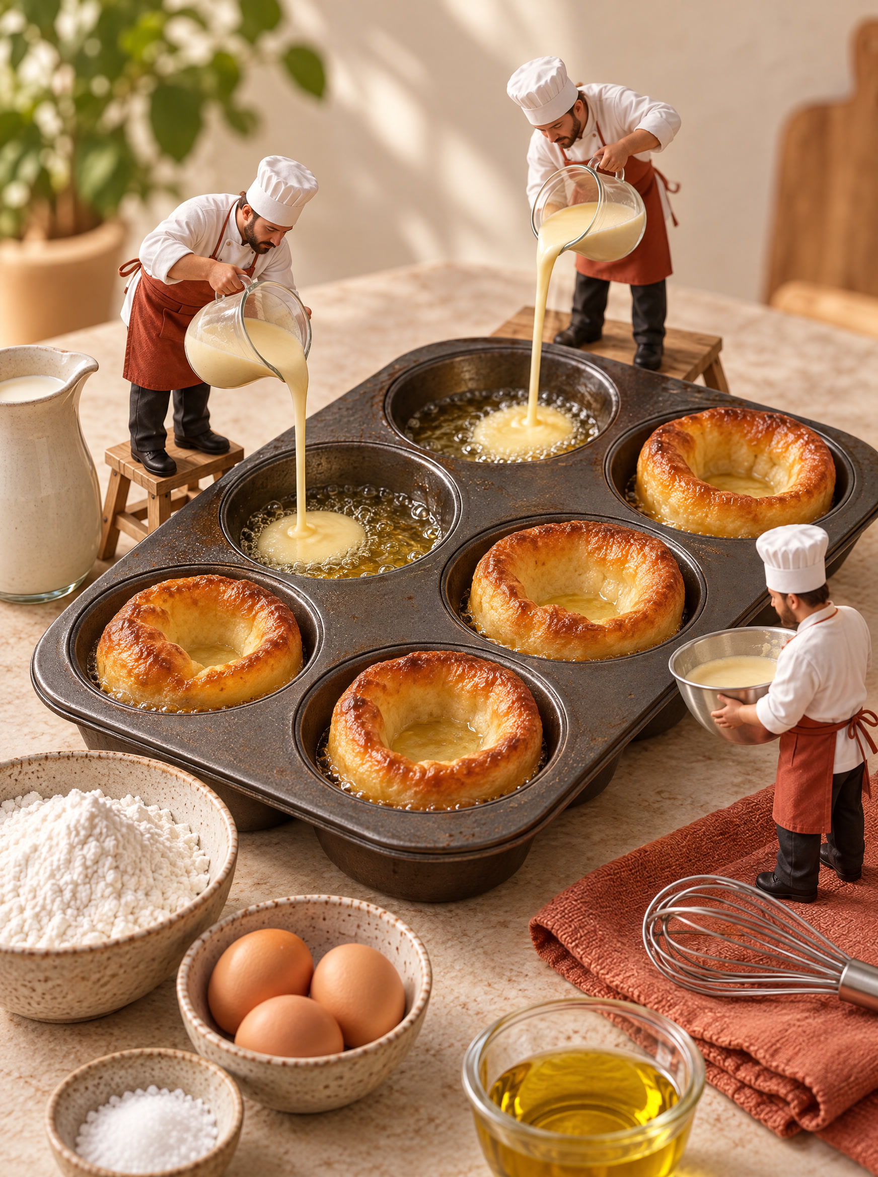 Miniature chefs whisking Yorkshire pudding batter beside a muffin tin.