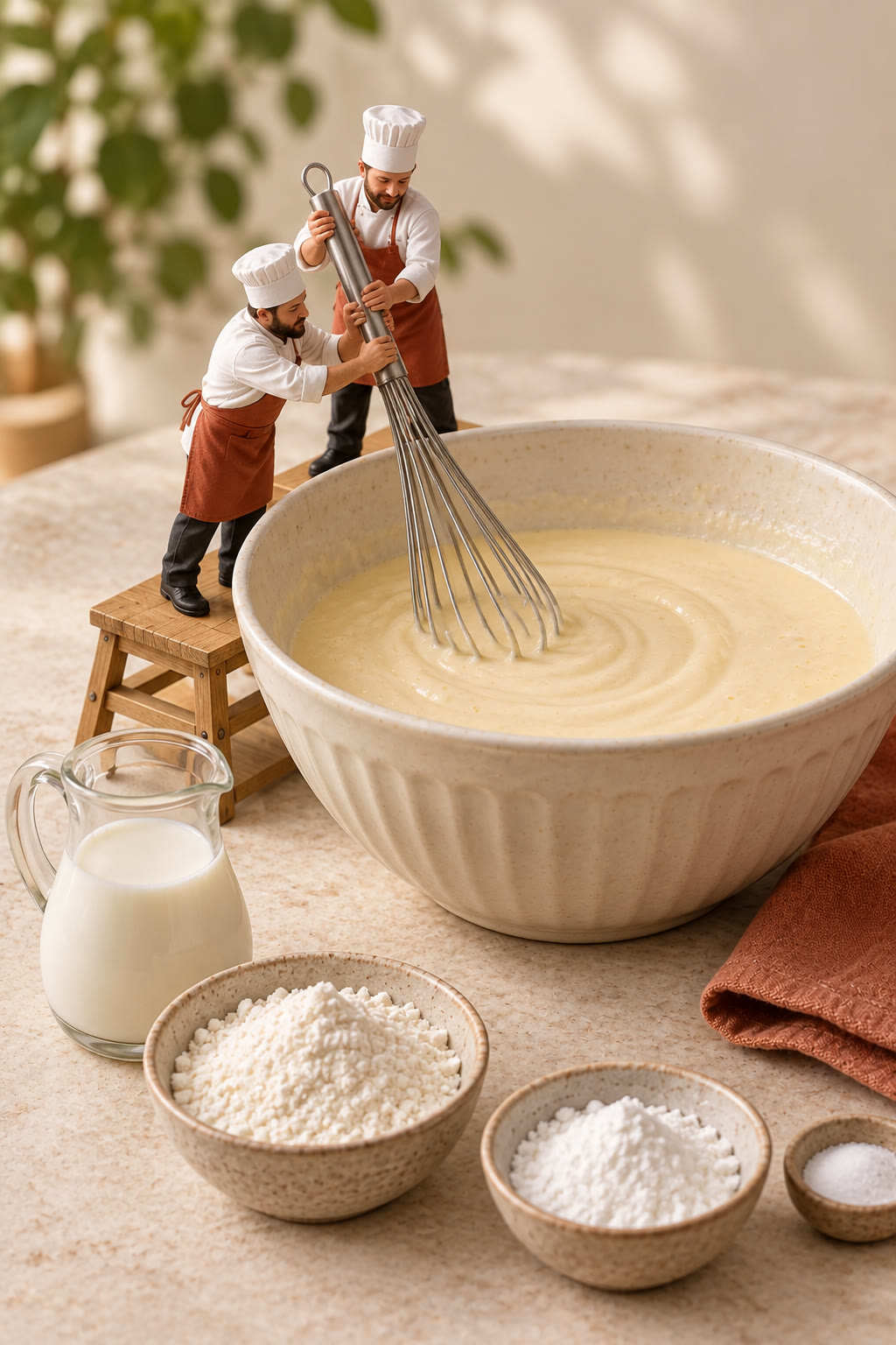 Miniature chefs whisking Yorkshire pudding batter beside a muffin tin.