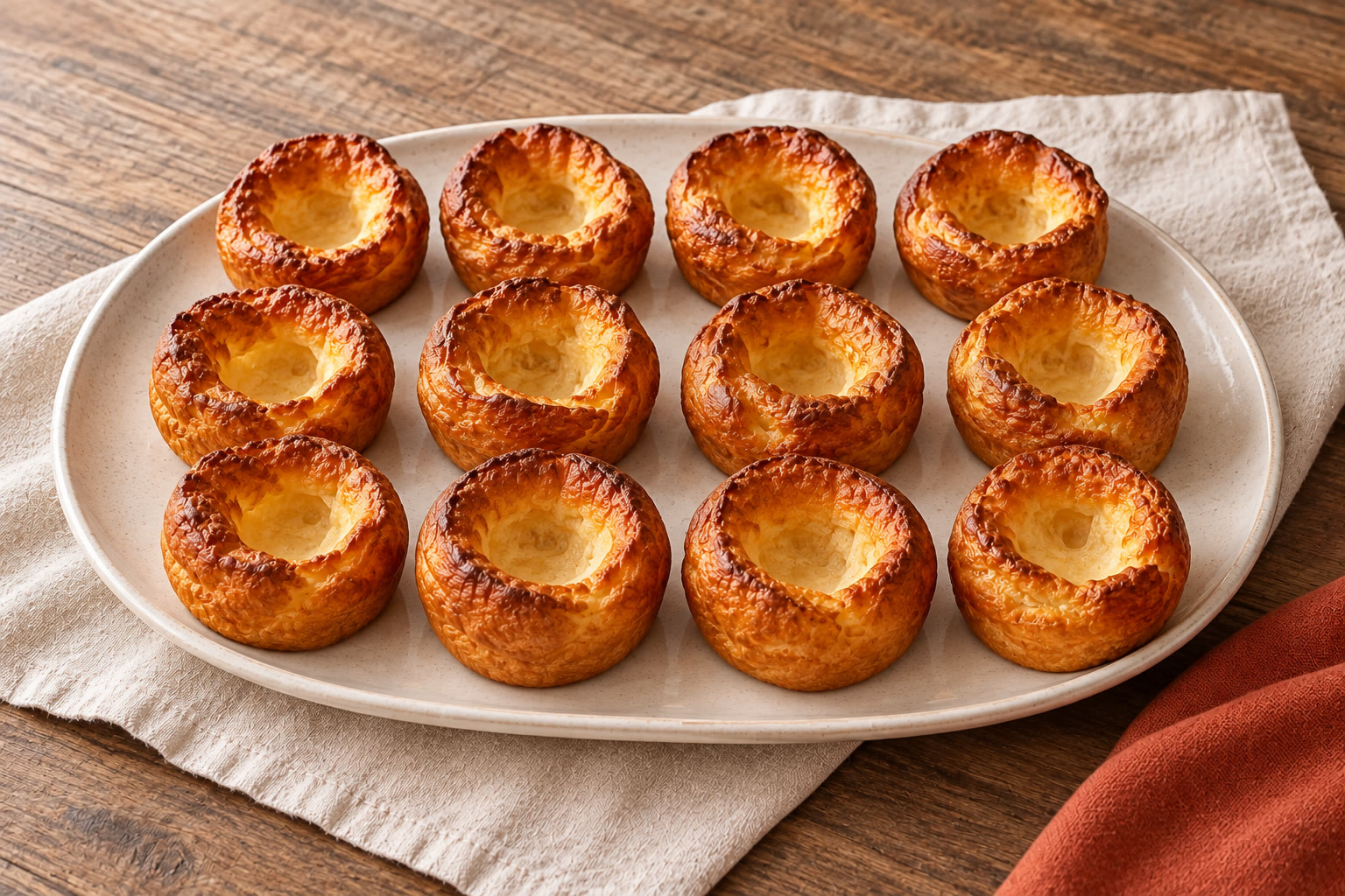 Golden gluten-free Yorkshire puddings with raised edges and hollow centres.