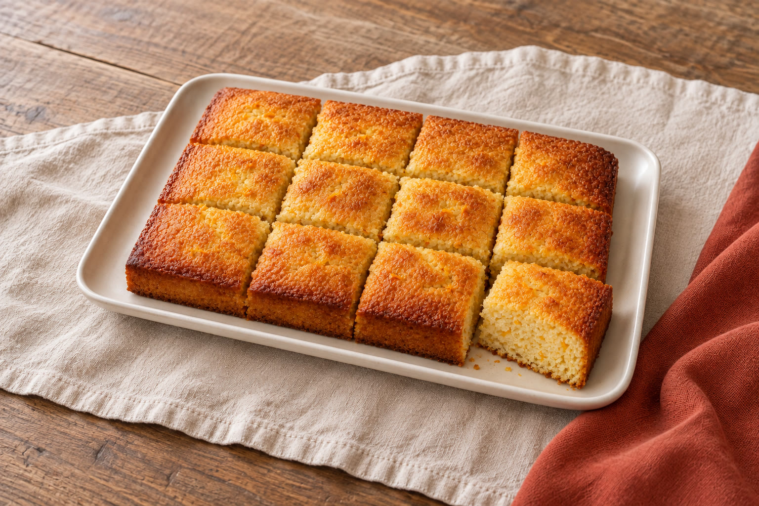 Orange and yoghurt tray cake cut into squares.