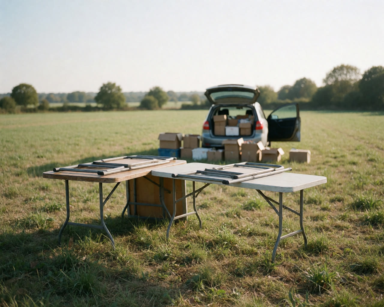 A nearly empty field at the end of a car boot sale, tables being folded away
